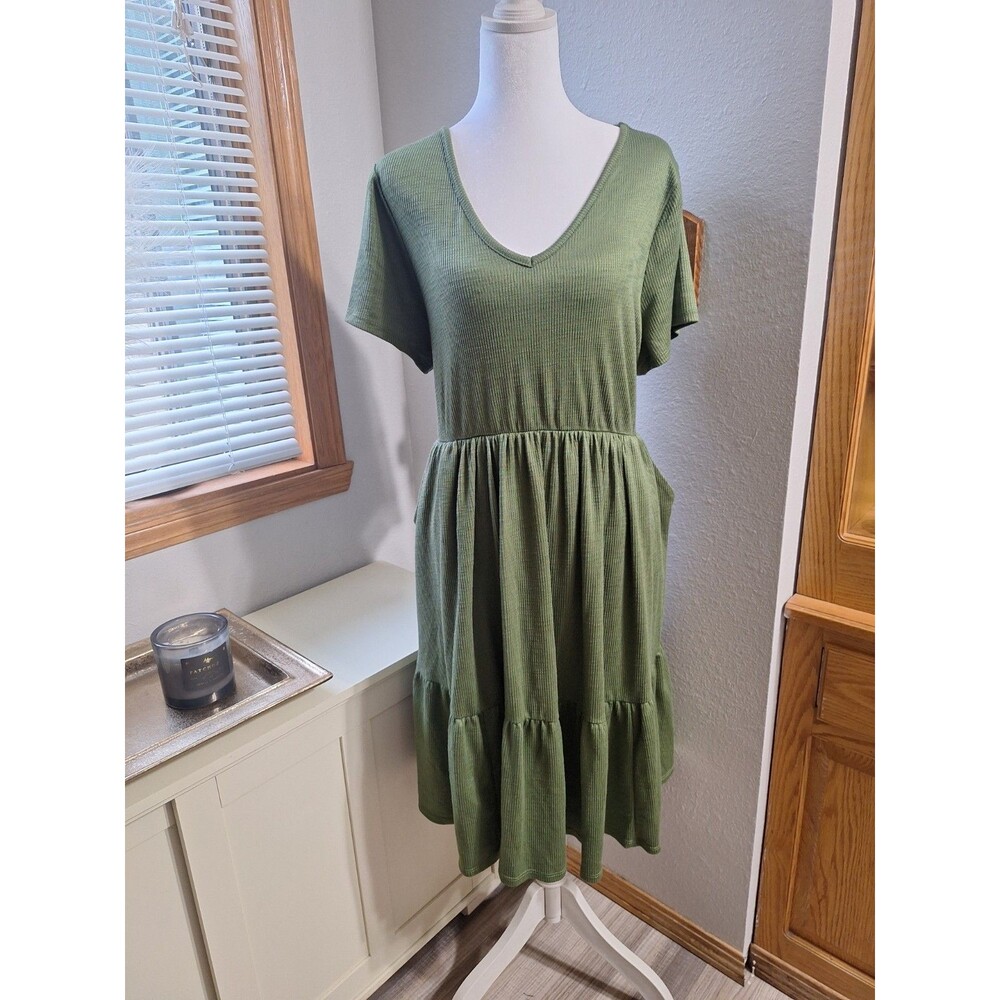 Torrid Ribbed Knit V Neck Short Sleeve Dress Green Size 1X Pockets
